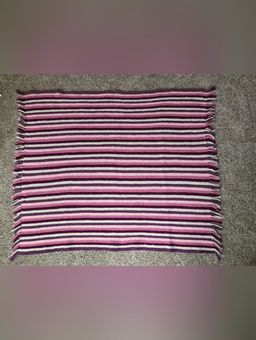 Crochet Blanket Afghan Throw Striped Pink Purple White Fringed 47x50‎ Vintage - Picture 2 of 6